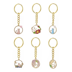 Mixed Color 6Pcs 6 Styles Alloy Enamel Pendants Cat Keychain, with Iron Split Key Rings, Flat Round with Cat, Mixed Color, 72~77mm, 1pc/style
