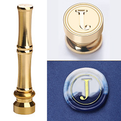 Letter J Golden Tone Brass Wax Seal Stamp Head with Bamboo Stick Shaped Handle, for Greeting Card Making, Letter J, 74.5x15mm