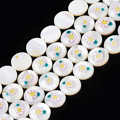 Yellow Natural Freshwater Shell Enamel Beads, Flat Round with Flower, Yellow, 11x3mm, Hole: 0.8mm, about 32pcs/strand, 14.37 inch(36.5cm)