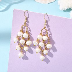 Doré  Boucles d'oreilles chandelier en acier inoxydable et perles de culture d'eau douce naturelles pour femmes, or, 304mm