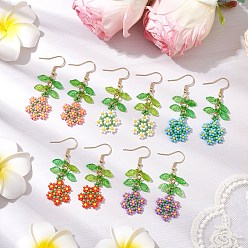Mixed Color Handmade Glass Seed Dangle Earrings, Loom Pattern, Flower, Golden, Mixed Color, 52.5x17mm