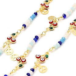 FireBrick Enamel Cherry with Evil Eye Link Chains, with Real 18K Gold Plated Brass Peace Sign Charms and Glass Round Beaded, Lead Free & Cadmium Free, Soldered, with Spool, FireBrick, 11.5x7.5x3mm, 25x3.5