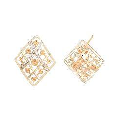 Real 18K Gold Plated Brass Micro Pave Clear Cubic Zirconia Stud Earring Findings, for Half Drilled Beads, Nickel Free, Rhombus, Real 18K Gold Plated, 22.5x18mm, Pin: 0.8mm and 0.8mm(for half drilled beads)