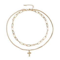 Golden PVD Vacuum Plating 304 Stainless Steel Double Chains Multi Layered Necklace with Cross Charm for Women, Golden, 16.34 inch(41.5cm)