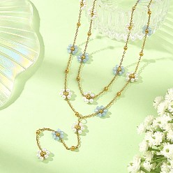 Golden 304 Stainless Steel Glass Flower Link Chain Double Layer Y Necklaces, with ABS Plastic Pearl, White and Light Blue, Golden, 15.79 inch(40.1cm)~17.60 inch(44.7cm), about 2pcs/set