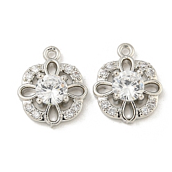 Платина Латунные микропаве прозрачные кубические циркониевые подвески, без кадмия, без никеля и без свинца, квадратные с цветком, платина, 13x11x4 мм, отверстие : 1 мм