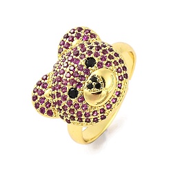 Фиолетовый Открытое кольцо-манжета из латуни Bear с микропаве и кубическим цирконием для женщин, реальный 18 k позолоченный, фиолетовые, Медведь: 17.5x15.5 мм