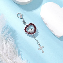 Белый Подвеска в виде сердца из стеклянных бусин и лампворк ручной работы от сглаза, с 304 подвесками-крестиками из нержавеющей стали и застежками-лобстерами, белые, 87.5 мм