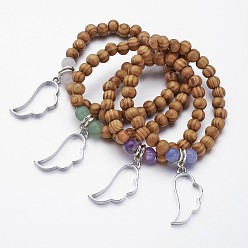 Gemischte Farbe Holz Perlen Stretch-Armbänder, Legierung Charme Armbänder, mit natürlichen Edelstein Perlen, Flügel, Gemischte Farbe, 2-1/8 Zoll (55 mm)