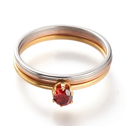Siam 304 Stainless Steel Finger Rings, Stackable Rings, with Rhinestone, Flat Round, Mixed Color, Siam, US Size 7~7 3/4(17.3~17.9mm), 3pcs/set