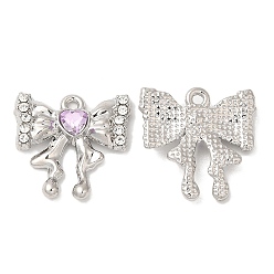 Platinum Alloy Pendants, with Glass, Cadmium Free & Lead Free, Bowknot Charms, Platinum, 18x18x4mm, Hole: 1.4mm