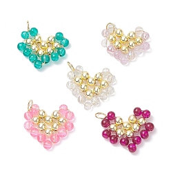 (52) Непрозрачная лаванда Стеклянные подвески в форме сердца, с фурнитурой, обернутой золотой проволокой из нержавеющей стали, разноцветные, 23x24.5x5 мм, отверстие : 4.6 мм