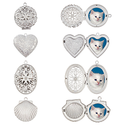 Stainless Steel Color 8 Pcs 4 Styles 304 Stainless Steel Locket Pendants, Photo Frame Charms for Necklaces, Mixed Shapes, Stainless Steel Color, 2pcs/style