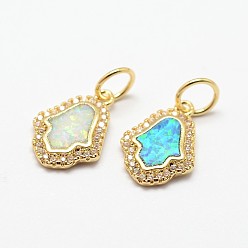 Mixed Color Brass Micro Pave Cubic Zirconia Charms, with Synthetic Opal, Palm, Golden, Mixed Color, 15x10x2mm, Hole: 5mm