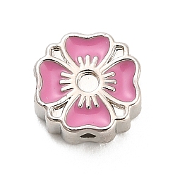 Бледно-фиолетовый Красный Оправы для цветочных бусин из латуни с эмалью и стразами, долговечный, стойки покрытие, без свинца и без кадмия, ионное покрытие (ip), реальный 18 k позолоченный, бледно-фиолетовый красный, пригодный для стразов 1.5 мм, 7.5x7.5x3.5 мм, отверстие : 1.2 мм