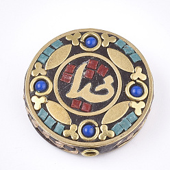 Turquoise Handmade Indonesia Beads, with Brass Findings, Flat Round, Golden, Turquoise, 30x28~29x8~8.5mm, Hole: 2mm