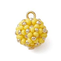 Желтый Бисер бисерные подвески, подвеска в виде цветочного шара, с железной петлей, желтые, 15.5x13 мм, отверстие : 1.5 мм