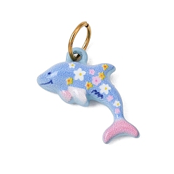 Light Sky Blue Printed 304 Stainless Steel Charms, Dolphin with Flower Charms, Golden, Light Sky Blue, 15x14x4mm, Hole: 4.5mm