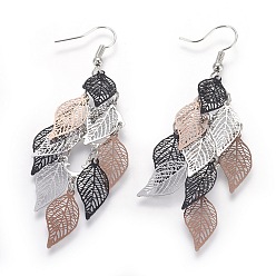 Gray Fashion Small Nine Pieces Brass Dangle Earrings, with Earring Hooks, Leaf, Gray, 81mm, Pendant: 60x27mm, Pin: 0.8mm