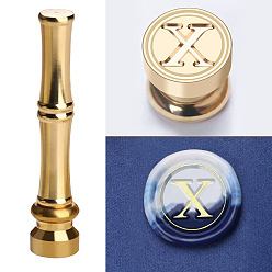 Letter X Golden Tone Brass Wax Seal Stamp Head with Bamboo Stick Shaped Handle, for Greeting Card Making, Letter X, 74.5x15mm