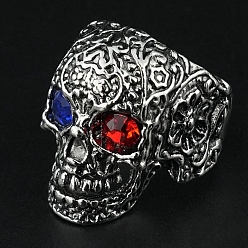 Colorful Antique Silver Alloy Men's Cuff Rings with Rhinestone, Skull, Colorful, US Size 8 1/2(18.5mm)
