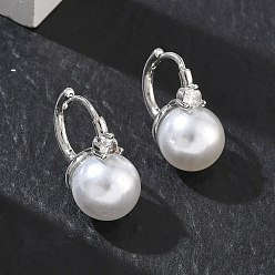 Платина Женские серьги-кольца из латуни с микропаве и кубическим цирконием, круглые, с ABS имитации жемчуга, стойки покрытие, долговечный, без свинца и без кадмия, платина, 20x14x10 мм