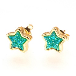 Spring Green Resin Imitation Druzy Crystal Stud Earrings, with Brass Findings, Star, Golden, Spring Green, 8x8x4mm, Pin: 0.7mm