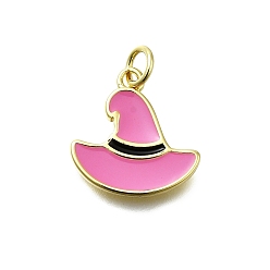 Ярко-Розовый Латунь эмаль подвески, с целью перехода в кольце, очарование шляпы ведьмы, долговечный, без свинца и без кадмия, реальный 18 k позолоченный, стойки покрытие, ярко-розовый, 15.5x15x2 мм, отверстие : 3 мм
