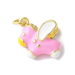 Pink Латунь эмаль прелести, с целью перехода в кольце, долговечный, без кадмия и без свинца, стойки покрытие, реальный 18 k позолоченный, очарование пегаса, розовые, 15x15x7.5 мм, отверстие : 3 мм