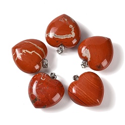 Red Jasper Natural Red Jasper Pendants, Heart Charms, with 304 Stainless Steel Snap on Bails, Stainless Steel Color, 32~33x30x14~15mm, Hole: 7.5x4mm
