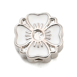 Белый Оправы для цветочных бусин из латуни с эмалью и стразами, долговечный, стойки покрытие, без свинца и без кадмия, ионное покрытие (ip), реальный 18 k позолоченный, белые, пригодный для стразов 1.5 мм, 7.5x7.5x3.5 мм, отверстие : 1.2 мм