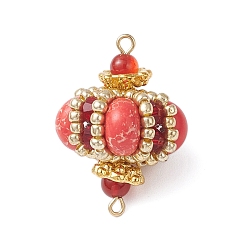 Красный Агат Подвески-соединители в форме ромба из окрашенной синтетической императорской яшмы и стеклянных бусин ручной работы, с натуральным сердоликом и биконусными стеклянными бусинами, золотые, красные, 26~27x16.5~17x16.5~17 мм, отверстие : 1.2~1.8 мм