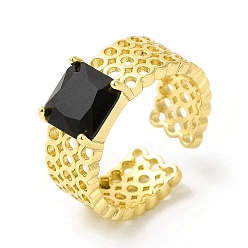 Черный Стеклянная квадратная открытая манжета, полое кольцо из настоящей позолоченной латуни 18k для женщин, без кадмия, без никеля и без свинца, чёрные, размер США 6 1/2 (16.9 мм)