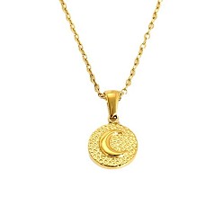 Плоский Круглый 304 подвесные из нержавеющей стали ожерелья, реальный 18 k позолоченный, плоские круглые с луной, 17.72 дюйм (45 см), Кулон : 15x12 мм