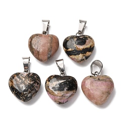 Родонит Природные подвески родонит, с петлями из платиновой латуни, пухлое сердце, 18~19x15~15.5x7~10 мм, отверстие : 6x2.5~3 мм