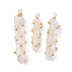 Прозрачный Подвески из натурального кварца с медной проволокой и гальваническим покрытием, самородки прелести, золотые, прозрачные, 33.5~40x11~15x11~14 мм, отверстие : 2.5~3.2 мм