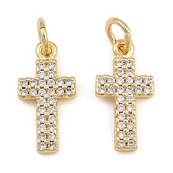 Oro Latón micro pavimenta claro colgantes de circonio cúbico, encantos cruzados, sin plomo y cadmio, dorado, 16x8x2 mm, agujero: 3 mm