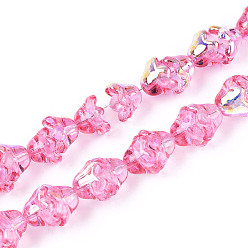 Ярко-Розовый Гальванизируйте прозрачное стекло бисер нитей, цветок, с покрытием AB цвета, ярко-розовый, 11~12x8 мм, отверстие : 1.2 мм, около 101~102 шт / нитка, 29.92 дюйм (76 см)