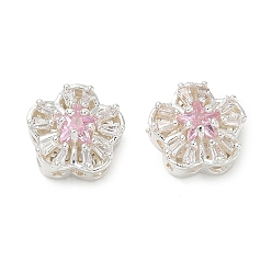 Pearl Pink Brass Micro Pave Cubic Zirconia Beads, Flower with Star, Silver, Pearl Pink, 12x6.5mm, Hole: 1.6mm