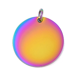 Rainbow Color Ионное покрытие (ip) 304 подвески из нержавеющей стали, с целью перехода в кольце, зеркальная полировка, плоский круглый шарм, штамповка пустой метки, Радуга цветов, 18x1.5 мм, отверстие : 3.5 мм