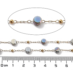 Slate Gray 304 Stainless Steel Handmade Beaded Chain, with Electroplated Glass, with Spool, Soldered, Real 18K Gold Plated, Flat Round, Slate Gray, 5.5x5.5x3.5mm, about 16.40 Feet(5m)/Roll