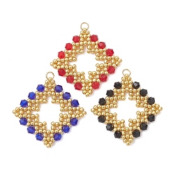 (52) Непрозрачная лаванда 3Подвески из стеклянного бисера, ромбовидный шарм, с 304 нержавеющей сталью и стеклом, реальный 18 k позолоченный, граненые, разноцветные, 31~32.5x32.5~33x3.5 мм, отверстие : 3 мм