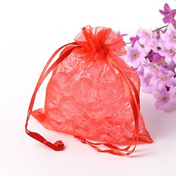 Red Organza Gift Bags, Jewelry Mesh Pouches for Wedding Party Christmas Gifts Candy Bags, with Drawstring, Rectangle, Red, 12x10cm