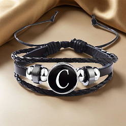 Letter C Регулируемые многослойные браслеты из искусственной кожи, браслеты из латунных стеклянных бусин, плоские круглые с буквы, платина, буква С, 7-1/8~9-1/8 дюйм (18~23 см)