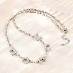 Platinum Brass Micro Pave Clear Cubic Zirconia Double Horn and Round Beaded Necklaces, Cadmium Free & Lead Free, Rack Plating, Long-Lasting Plated, Platinum, 17.13 inch(43.5cm)
