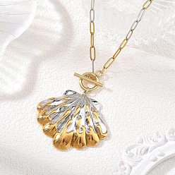 Golden & Stainless Steel Color Two Tone 304 Stainless Steel Paperclip Chain Ocean Shell Shape Pendant Necklaces, Golden & Stainless Steel Color, 15.75 inch(40cm)