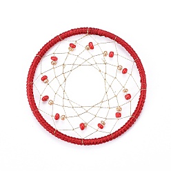 Red Iron Woven Net/Web Pendants, with Nylon Cord, Polyester Thread and Seed Beads, For Woven Net/Web with Feather Making, Red, 46x2~3mm