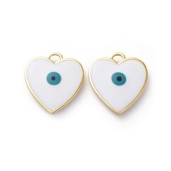 Белый Золотые тона латунные подвески, с эмалью, сердце с сглаза, белые, 22x20x2 мм, отверстие : 3x3 мм