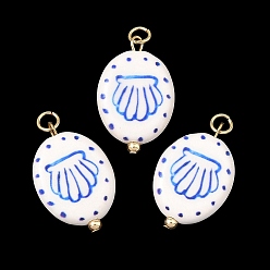 Blue Handmade Porcelain with 304 Stainless Steel Pendants, Oval with Shell Shape Charms, Golden, Blue, 25x16x6mm, Hole: 3mm
