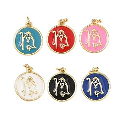 (52) Непрозрачная лаванда Латунь эмаль подвески, с целью перехода в кольце, плоский круглый с миссионерскими амулетами, без свинца и без кадмия, долговечный, реальный 18 k позолоченный, стойки покрытие, разноцветные, 16.5x14x1.5 мм, отверстие : 2.5 мм